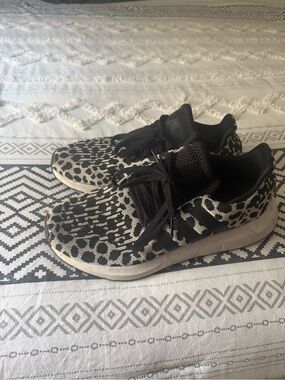 adidas Women's Black and Beige Leopard-Print Knit Athletic Sneakers